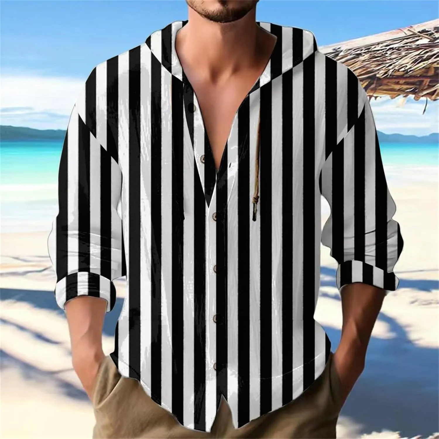 Long Sleeve Beach Hippie Tops with Hat Men's Casual Fashion Loose Trend Camouflage Long Sleeve Shirts