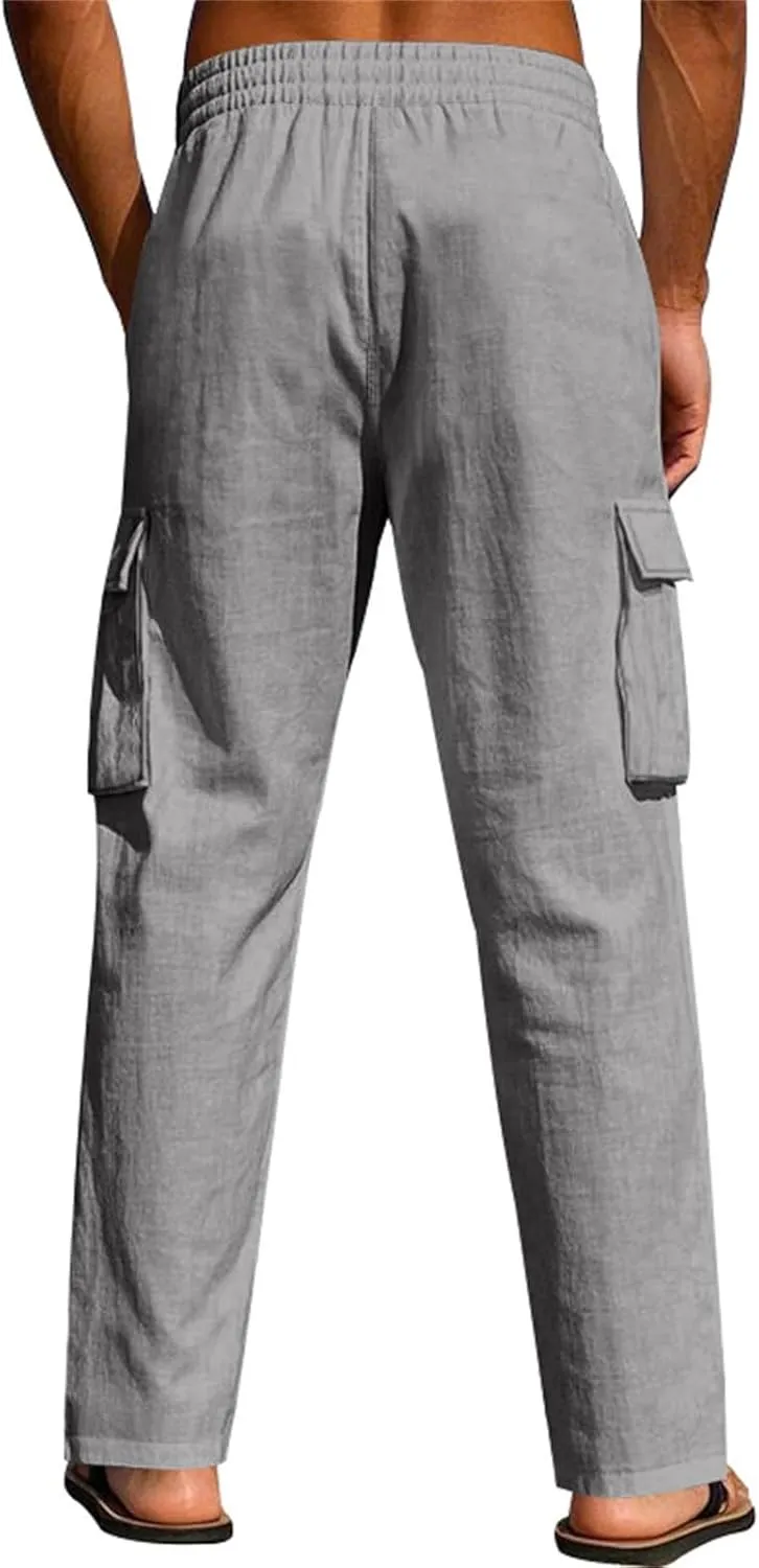 Lounge Pants Men Linen Breathable Lightweight Pant Loose Fit Cargo Trousers Wide Leg Elastic Waist with Pockets