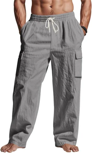 Lounge Pants Men Linen Breathable Lightweight Pant Loose Fit Cargo Trousers Wide Leg Elastic Waist with Pockets