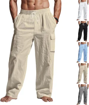 Lounge Pants Men Linen Breathable Lightweight Pant Loose Fit Cargo Trousers Wide Leg Elastic Waist with Pockets