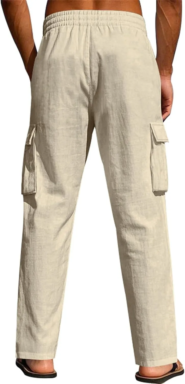 Lounge Pants Men Linen Breathable Lightweight Pant Loose Fit Cargo Trousers Wide Leg Elastic Waist with Pockets