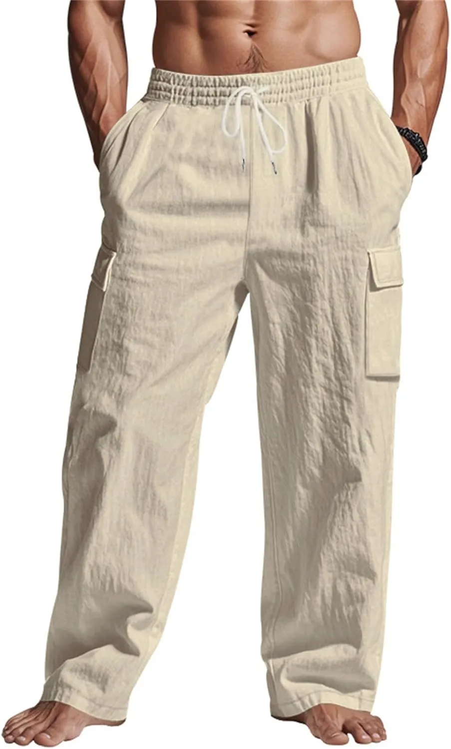Lounge Pants Men Linen Breathable Lightweight Pant Loose Fit Cargo Trousers Wide Leg Elastic Waist with Pockets
