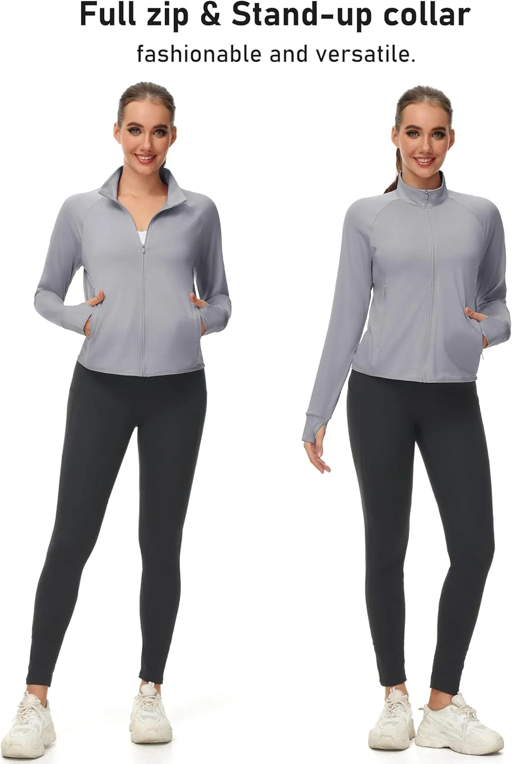 MAGCOMSEN Women's UPF 50  Lightweight Athletic Jackets Cropped Zip Up Long Sleeve Running Shirts with Thumb Holes