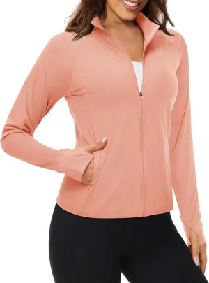 MAGCOMSEN Women's UPF 50  Lightweight Athletic Jackets Cropped Zip Up Long Sleeve Running Shirts with Thumb Holes