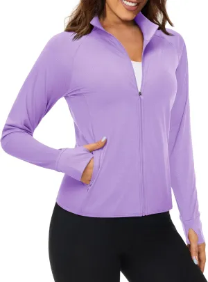 MAGCOMSEN Women's UPF 50  Lightweight Athletic Jackets Cropped Zip Up Long Sleeve Running Shirts with Thumb Holes
