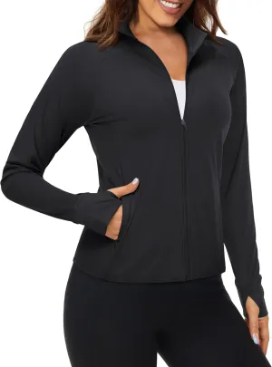 MAGCOMSEN Women's UPF 50  Lightweight Athletic Jackets Cropped Zip Up Long Sleeve Running Shirts with Thumb Holes