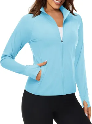MAGCOMSEN Women's UPF 50  Lightweight Athletic Jackets Cropped Zip Up Long Sleeve Running Shirts with Thumb Holes