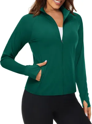 MAGCOMSEN Women's UPF 50  Lightweight Athletic Jackets Cropped Zip Up Long Sleeve Running Shirts with Thumb Holes
