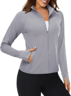 MAGCOMSEN Women's UPF 50  Lightweight Athletic Jackets Cropped Zip Up Long Sleeve Running Shirts with Thumb Holes