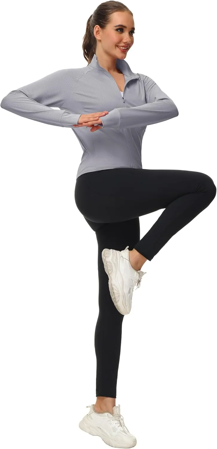 MAGCOMSEN Women's UPF 50  Lightweight Athletic Jackets Cropped Zip Up Long Sleeve Running Shirts with Thumb Holes