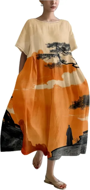 MARSVOVO Boho Dress for Women 2024 Plus Size Retro Moon Pattern Oversized Trendy Pleated High Waist Flowy Japanese Dress