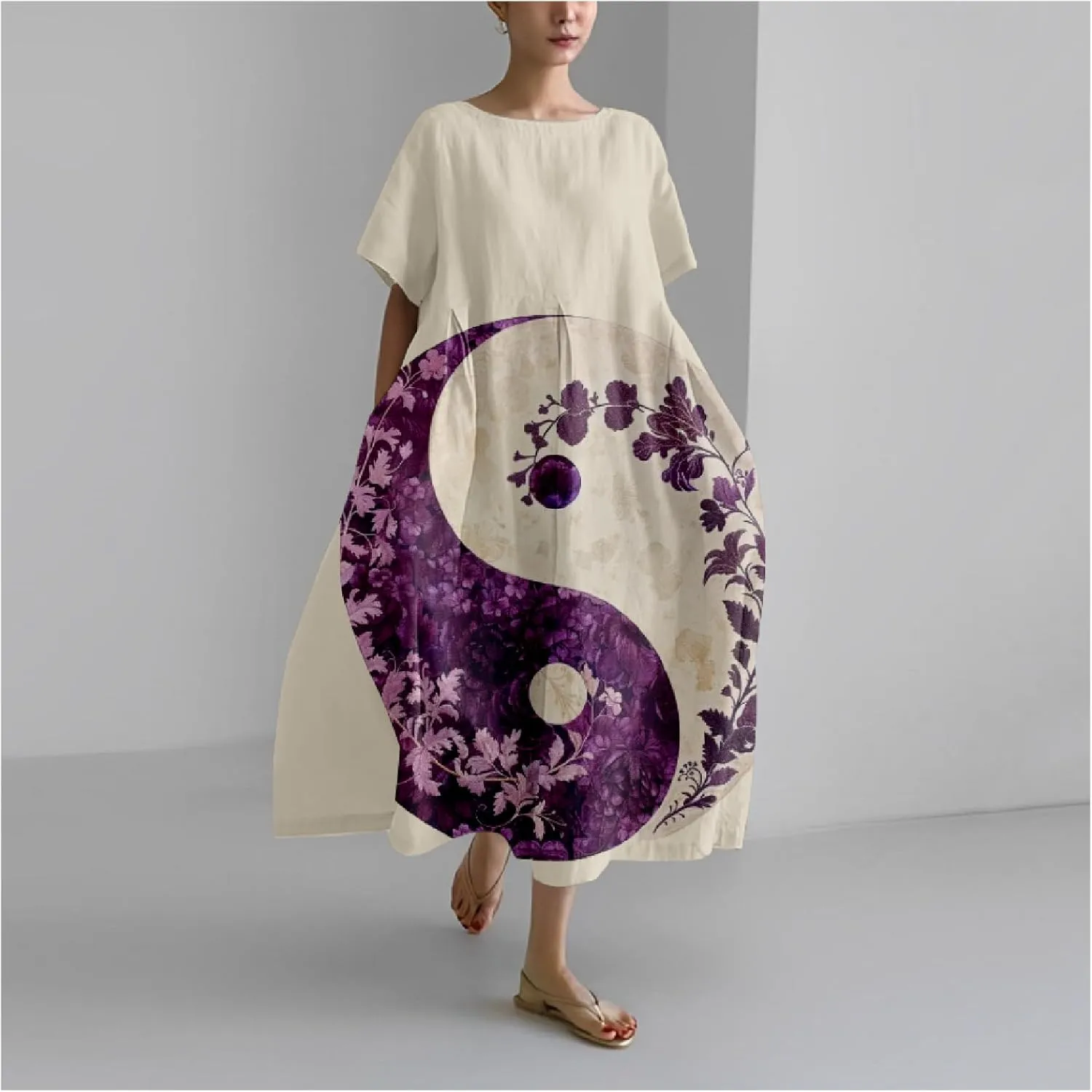 MARSVOVO Boho Dress for Women 2024 Plus Size Retro Moon Pattern Oversized Trendy Pleated High Waist Flowy Japanese Dress