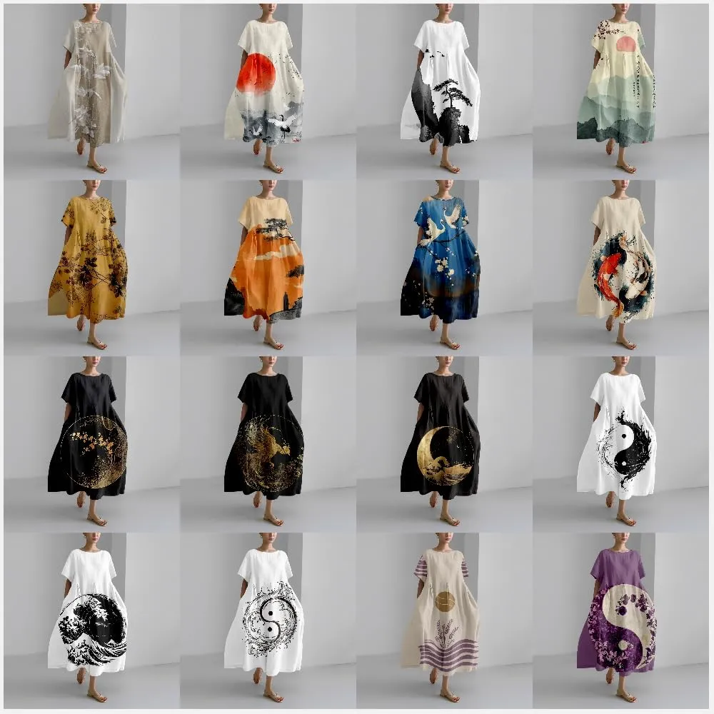 MARSVOVO Boho Dress for Women 2024 Plus Size Retro Moon Pattern Oversized Trendy Pleated High Waist Flowy Japanese Dress