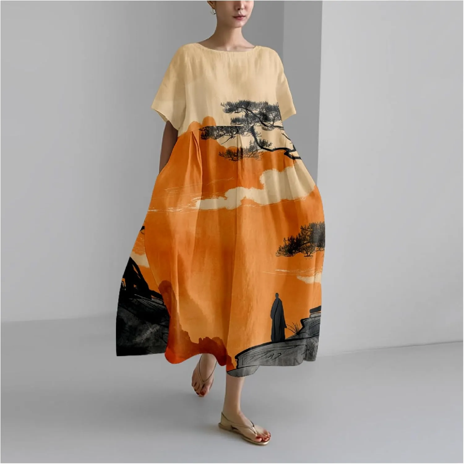 MARSVOVO Boho Dress for Women 2024 Plus Size Retro Moon Pattern Oversized Trendy Pleated High Waist Flowy Japanese Dress