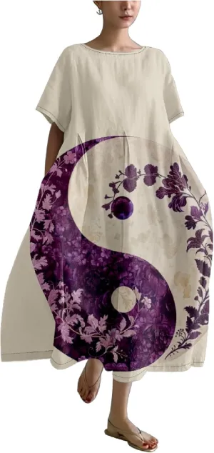 MARSVOVO Boho Dress for Women 2024 Plus Size Retro Moon Pattern Oversized Trendy Pleated High Waist Flowy Japanese Dress