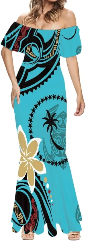 MARSVOVO Womens Polynesia Partten Off The Shoulder Dresses Ruffle Trim Short Sleeve Floor Length Maxi Dress
