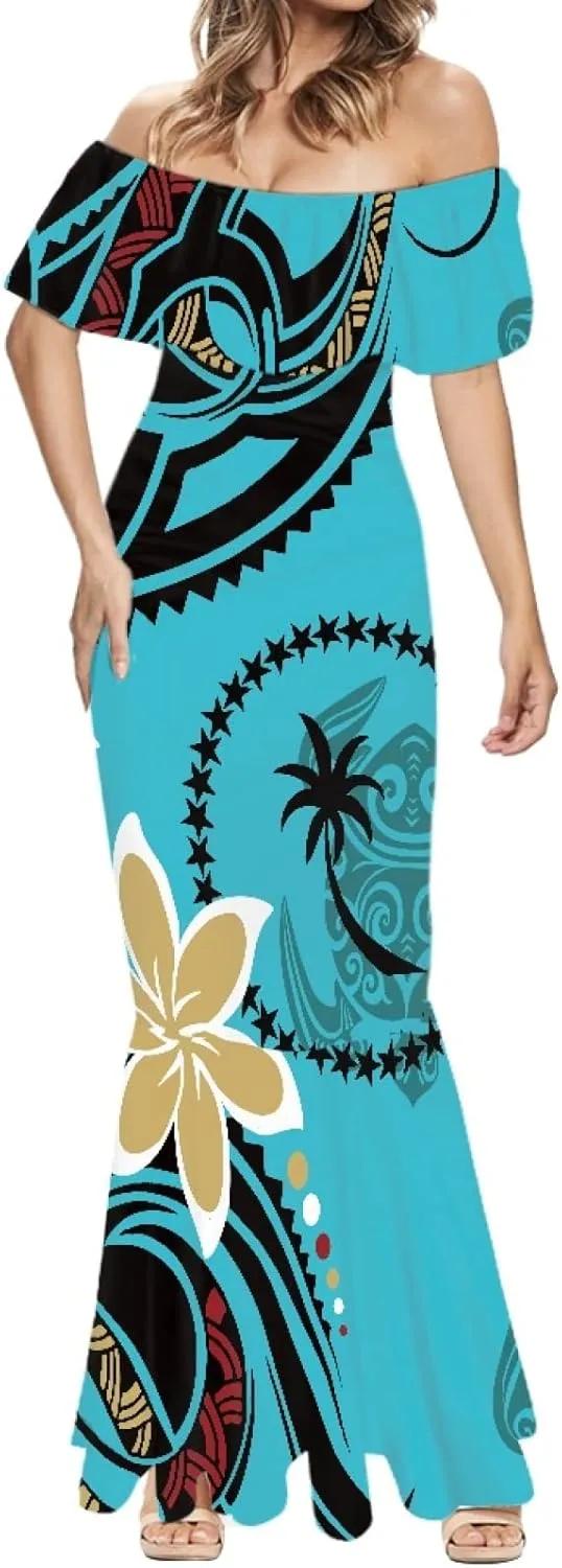 MARSVOVO Womens Polynesia Partten Off The Shoulder Dresses Ruffle Trim Short Sleeve Floor Length Maxi Dress