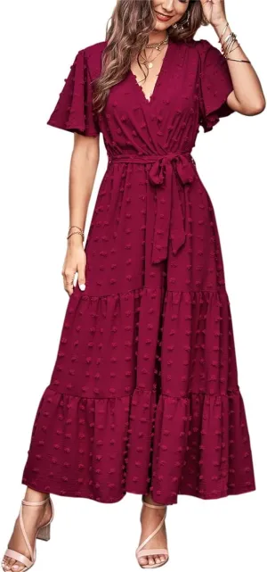 MASCOMODA Womens Summer Swiss Dot Maxi Dressses Wrap V Neck Flutter Short Sleeve Boho Casual Flowy Long Wedding Guest Dress