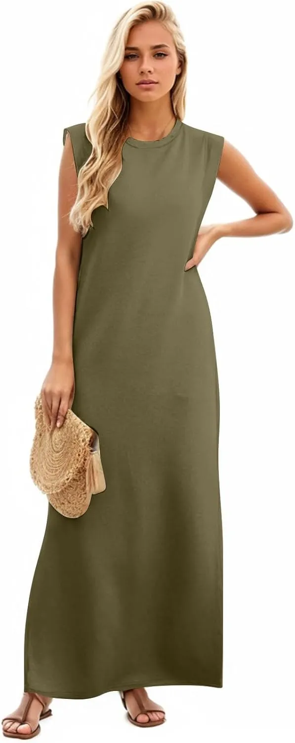 Maxi Dresses for Women 2025 Summer Short Sleeve Beach Sundresses Casual Crewneck Split Long Dress with Pocket