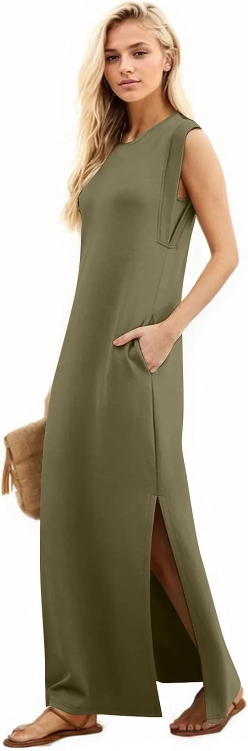Maxi Dresses for Women 2025 Summer Short Sleeve Beach Sundresses Casual Crewneck Split Long Dress with Pocket