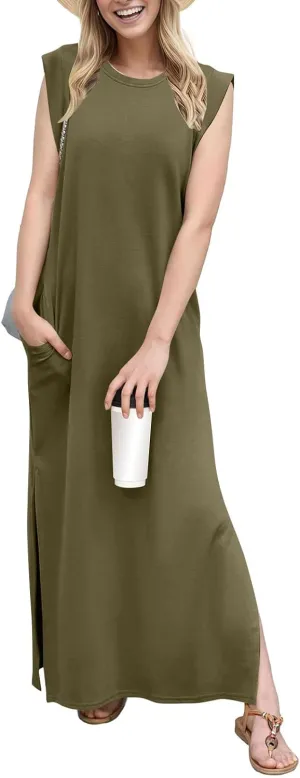 Maxi Dresses for Women 2025 Summer Short Sleeve Beach Sundresses Casual Crewneck Split Long Dress with Pocket