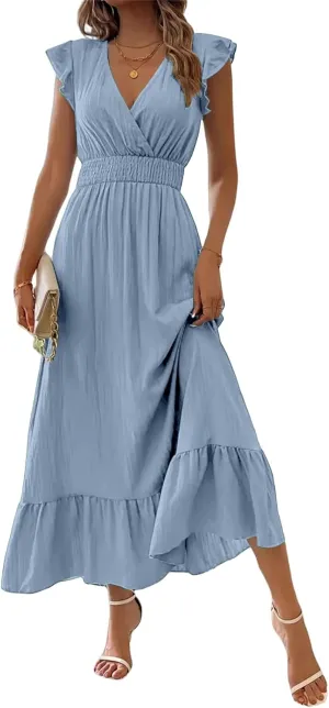 Maxi Dresses for Women V Neck Ruffle Sleeve Summer Dress Dressy Tunic Tiered Ruched Long Dresses Smocked Beach Dress