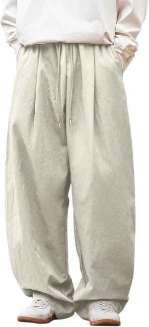 Mens Breathable Lightweight Cotton Linen Pants, Loose Baggy Cargo Pants Wide Leg Elastic Waist Drawstring with Pockets