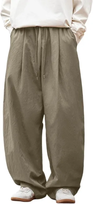 Mens Breathable Lightweight Cotton Linen Pants, Loose Baggy Cargo Pants Wide Leg Elastic Waist Drawstring with Pockets