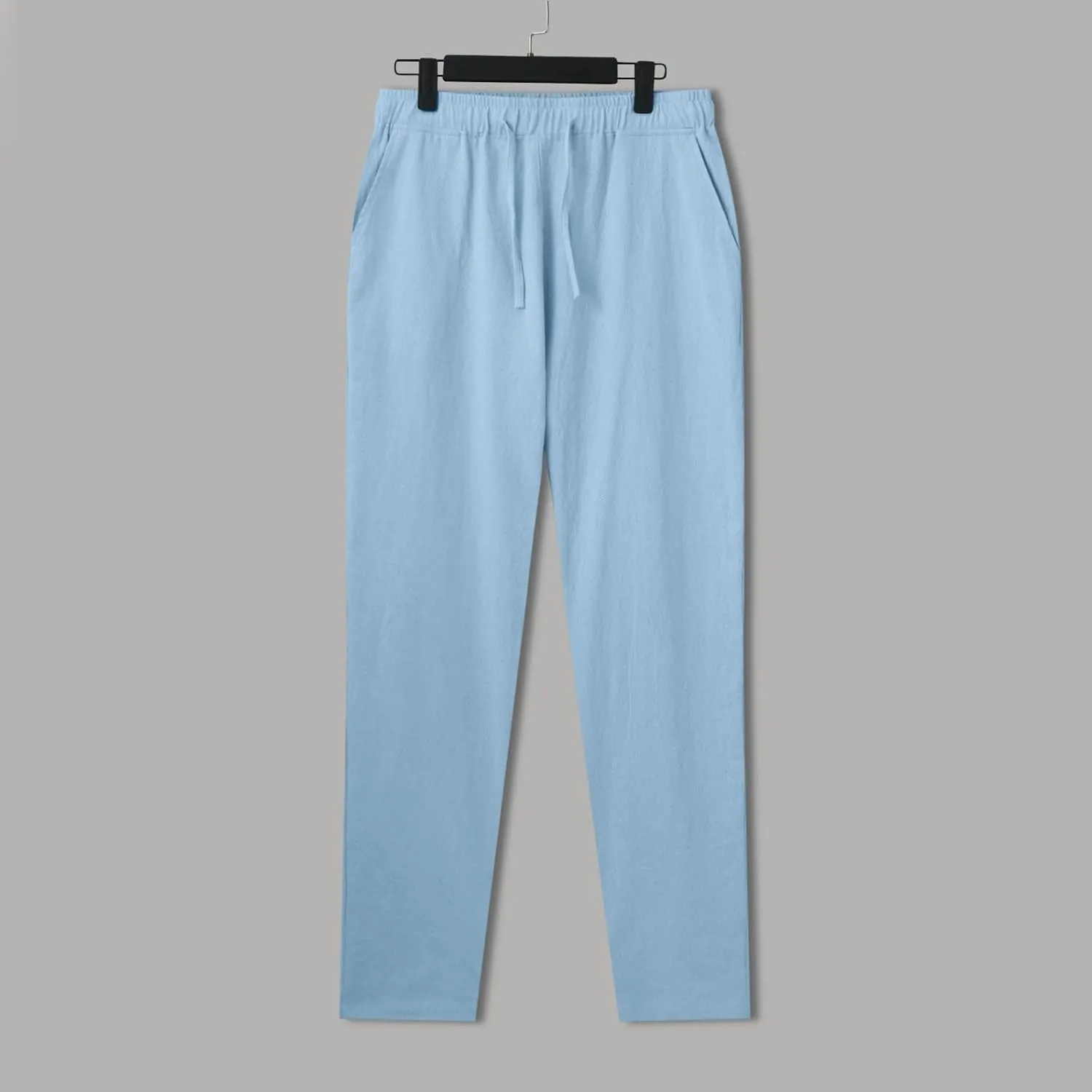 Mens Casual Flat Front Pants, Elastic Waist Drawstring Cotton Linen Pants, Beach Summer Breathable Lightweight Trousers