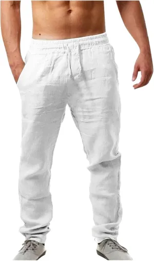Mens Casual Flat Front Pants, Elastic Waist Drawstring Cotton Linen Pants, Beach Summer Breathable Lightweight Trousers