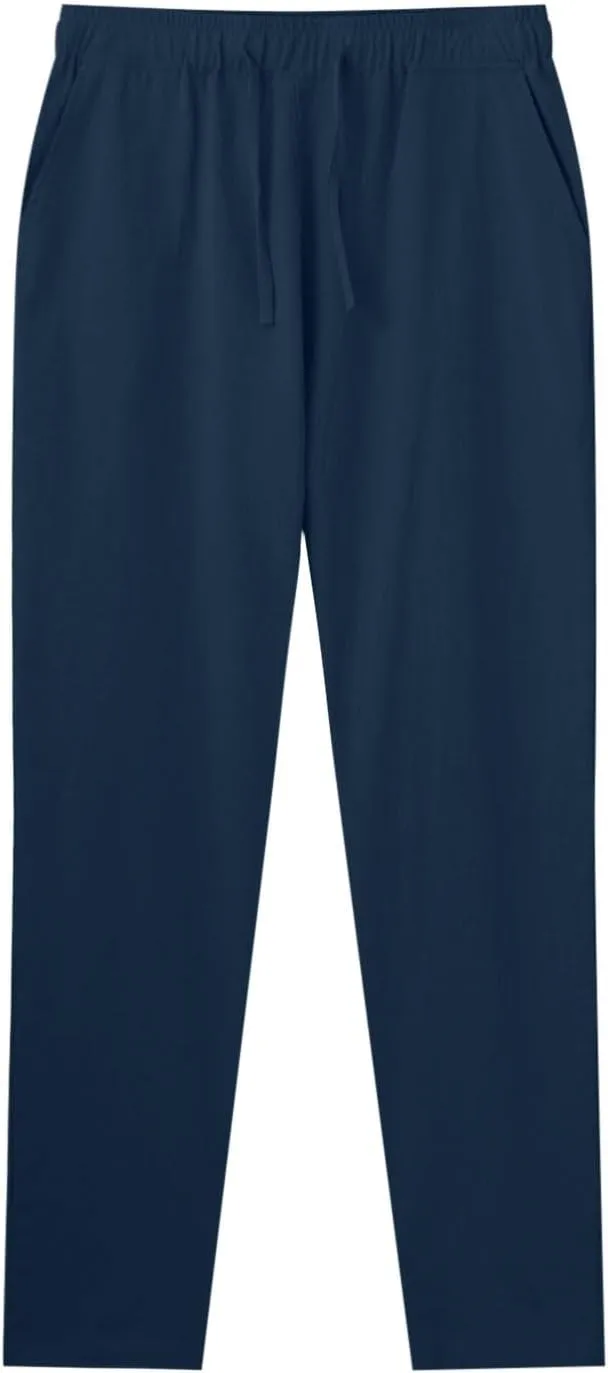 Mens Casual Flat Front Pants, Elastic Waist Drawstring Cotton Linen Pants, Beach Summer Breathable Lightweight Trousers