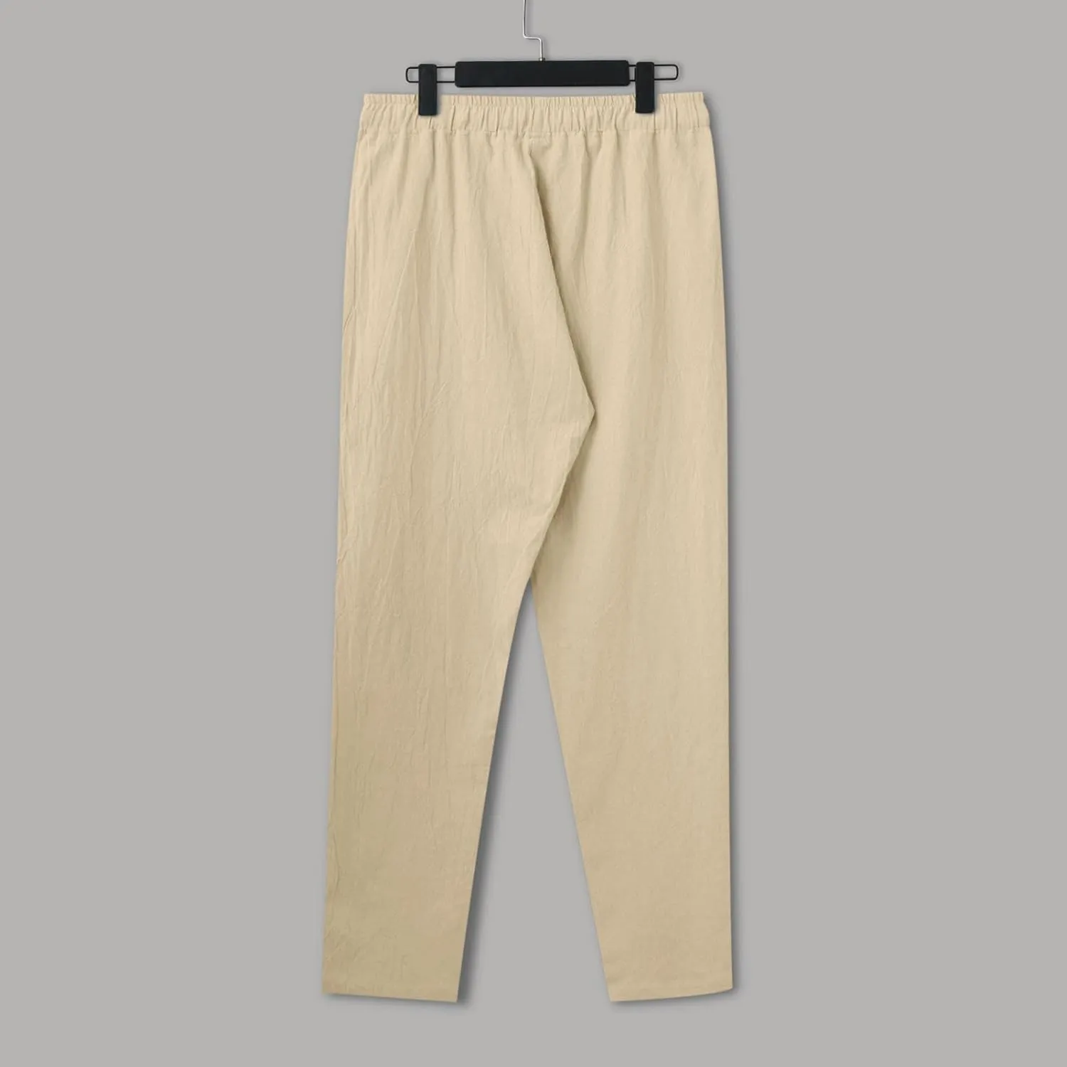 Mens Casual Flat Front Pants, Elastic Waist Drawstring Cotton Linen Pants, Beach Summer Breathable Lightweight Trousers
