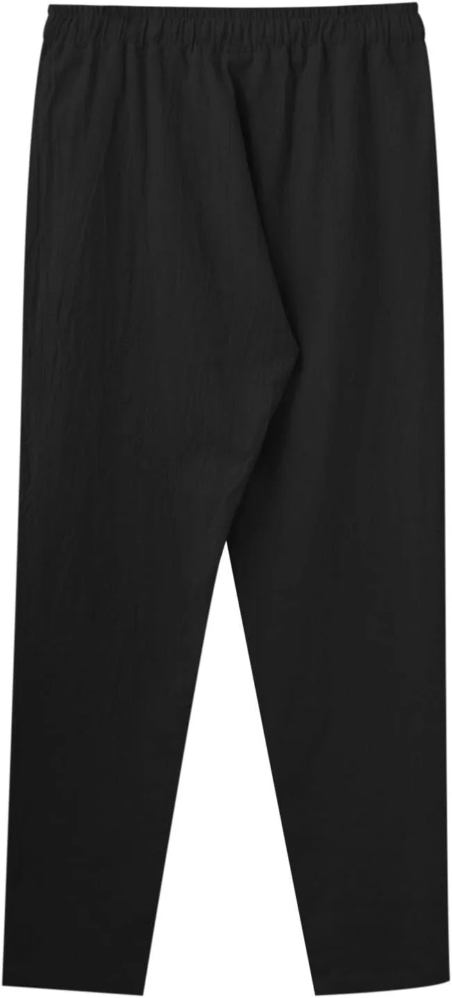 Mens Casual Flat Front Pants, Elastic Waist Drawstring Cotton Linen Pants, Beach Summer Breathable Lightweight Trousers
