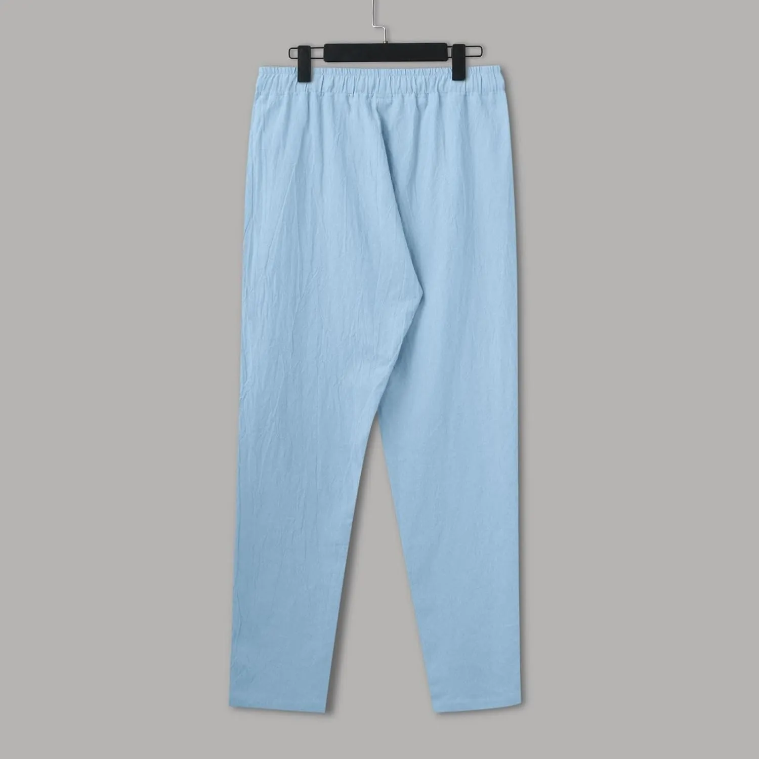 Mens Casual Flat Front Pants, Elastic Waist Drawstring Cotton Linen Pants, Beach Summer Breathable Lightweight Trousers