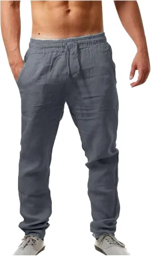 Mens Casual Flat Front Pants, Elastic Waist Drawstring Cotton Linen Pants, Beach Summer Breathable Lightweight Trousers