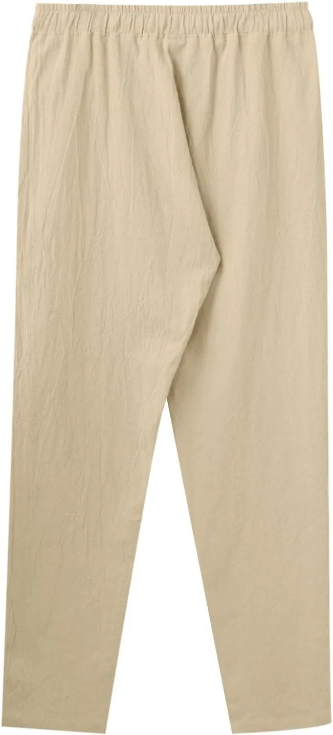 Mens Casual Flat Front Pants, Elastic Waist Drawstring Cotton Linen Pants, Beach Summer Breathable Lightweight Trousers