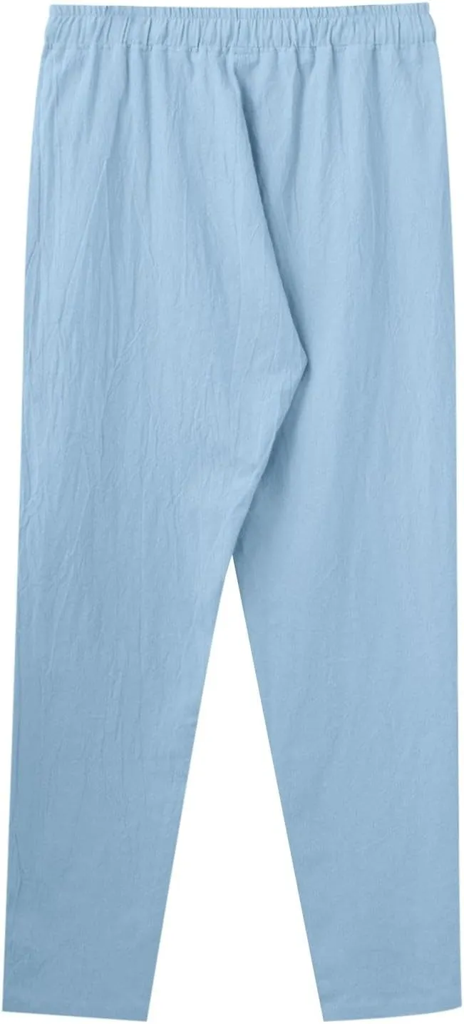 Mens Casual Flat Front Pants, Elastic Waist Drawstring Cotton Linen Pants, Beach Summer Breathable Lightweight Trousers
