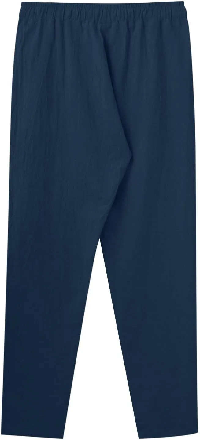 Mens Casual Flat Front Pants, Elastic Waist Drawstring Cotton Linen Pants, Beach Summer Breathable Lightweight Trousers