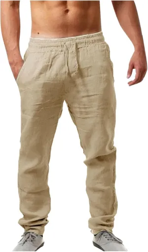 Mens Casual Flat Front Pants, Elastic Waist Drawstring Cotton Linen Pants, Beach Summer Breathable Lightweight Trousers