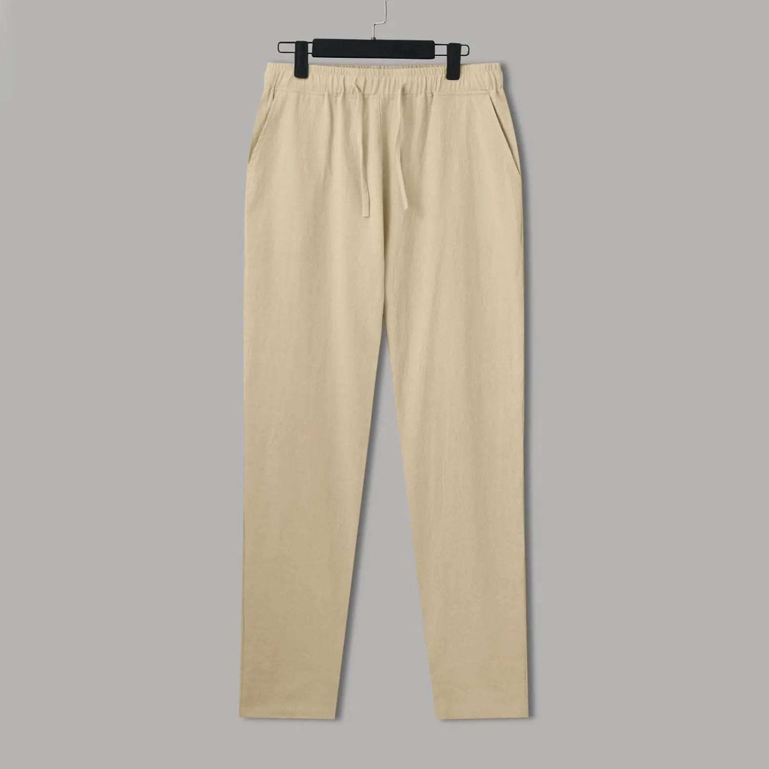 Mens Casual Flat Front Pants, Elastic Waist Drawstring Cotton Linen Pants, Beach Summer Breathable Lightweight Trousers