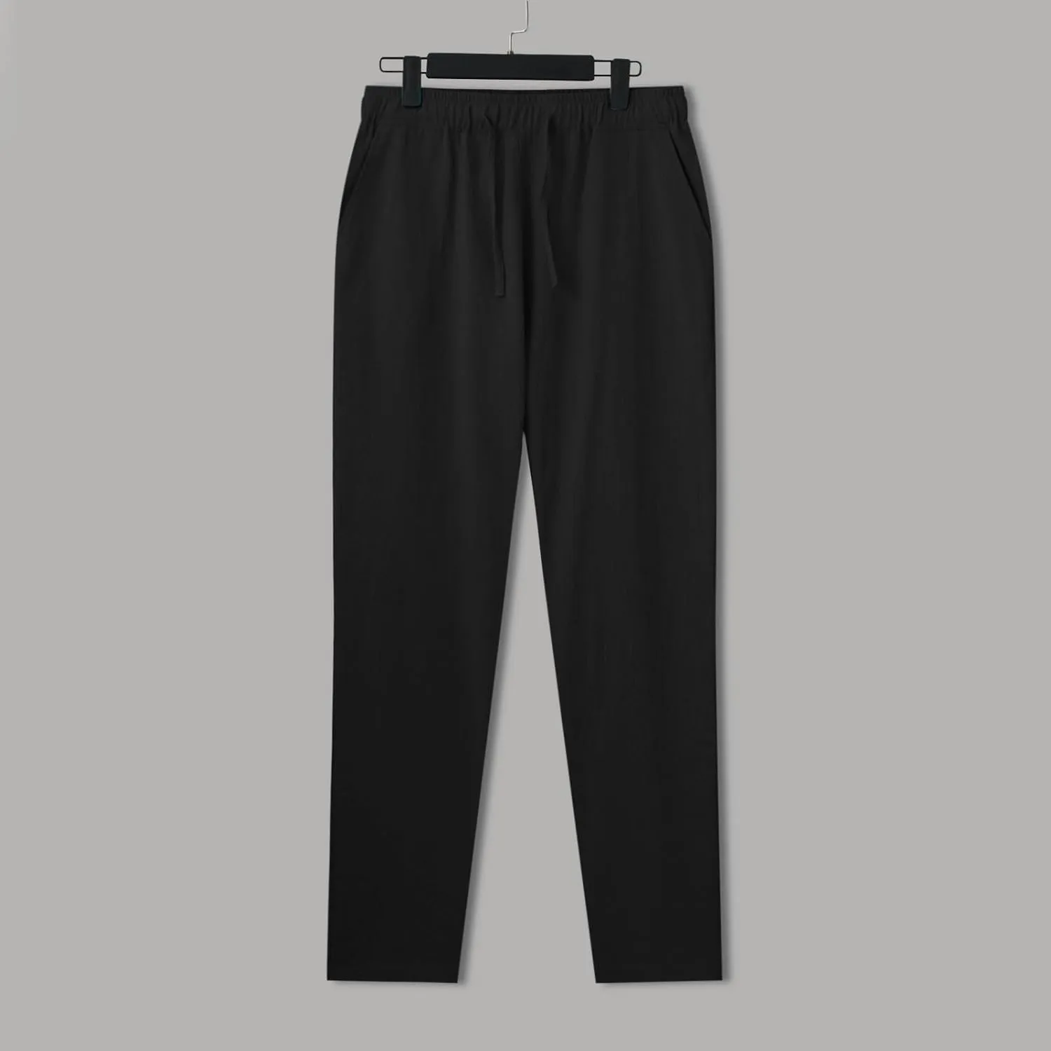 Mens Casual Flat Front Pants, Elastic Waist Drawstring Cotton Linen Pants, Beach Summer Breathable Lightweight Trousers