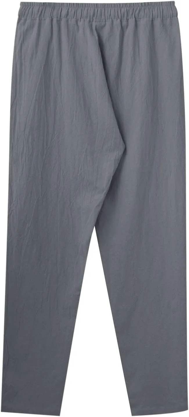 Mens Casual Flat Front Pants, Elastic Waist Drawstring Cotton Linen Pants, Beach Summer Breathable Lightweight Trousers