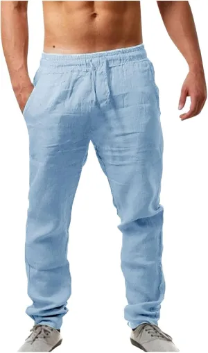 Mens Casual Flat Front Pants, Elastic Waist Drawstring Cotton Linen Pants, Beach Summer Breathable Lightweight Trousers