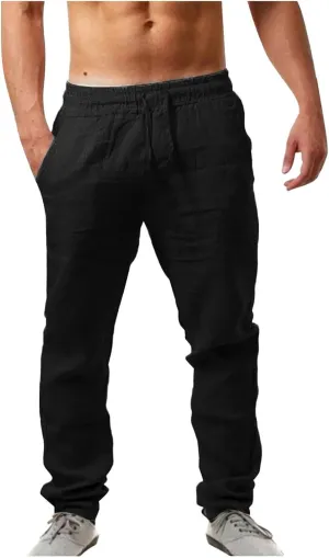 Mens Casual Flat Front Pants, Elastic Waist Drawstring Cotton Linen Pants, Beach Summer Breathable Lightweight Trousers
