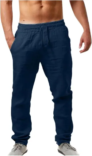 Mens Casual Flat Front Pants, Elastic Waist Drawstring Cotton Linen Pants, Beach Summer Breathable Lightweight Trousers
