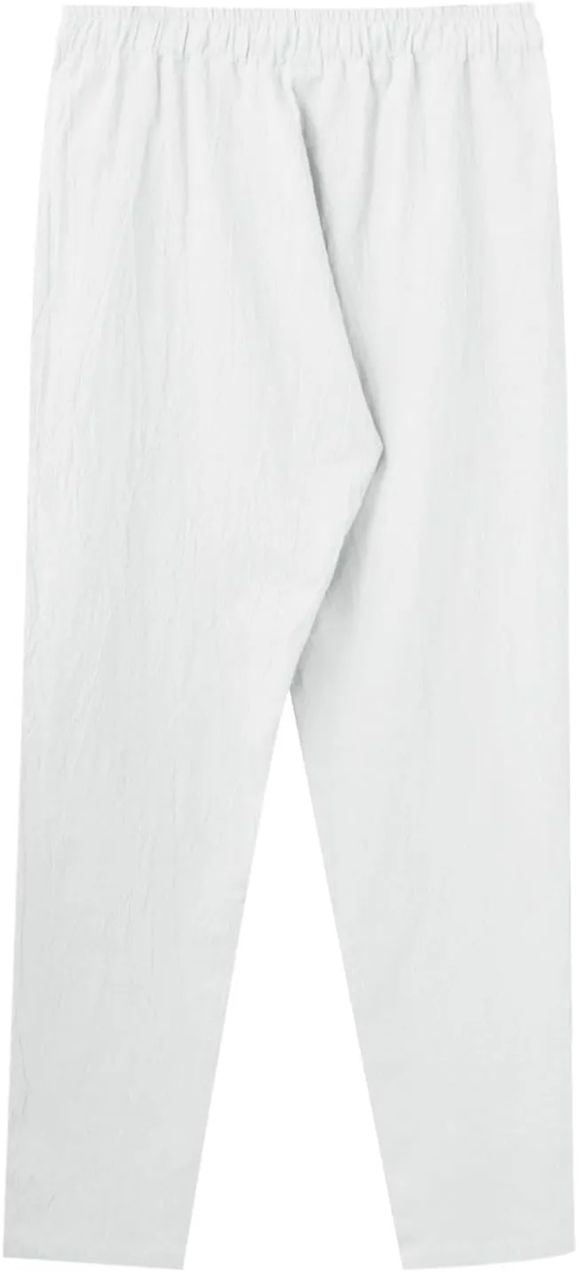 Mens Casual Flat Front Pants, Elastic Waist Drawstring Cotton Linen Pants, Beach Summer Breathable Lightweight Trousers