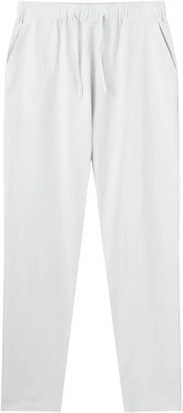 Mens Casual Flat Front Pants, Elastic Waist Drawstring Cotton Linen Pants, Beach Summer Breathable Lightweight Trousers