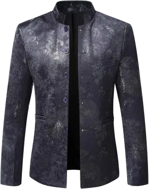 Men's Chinese Dragon Print Tunic Suit Mandarin Collar Slim Fit Suit Jacket Front Button Blazer Traditional Uniform