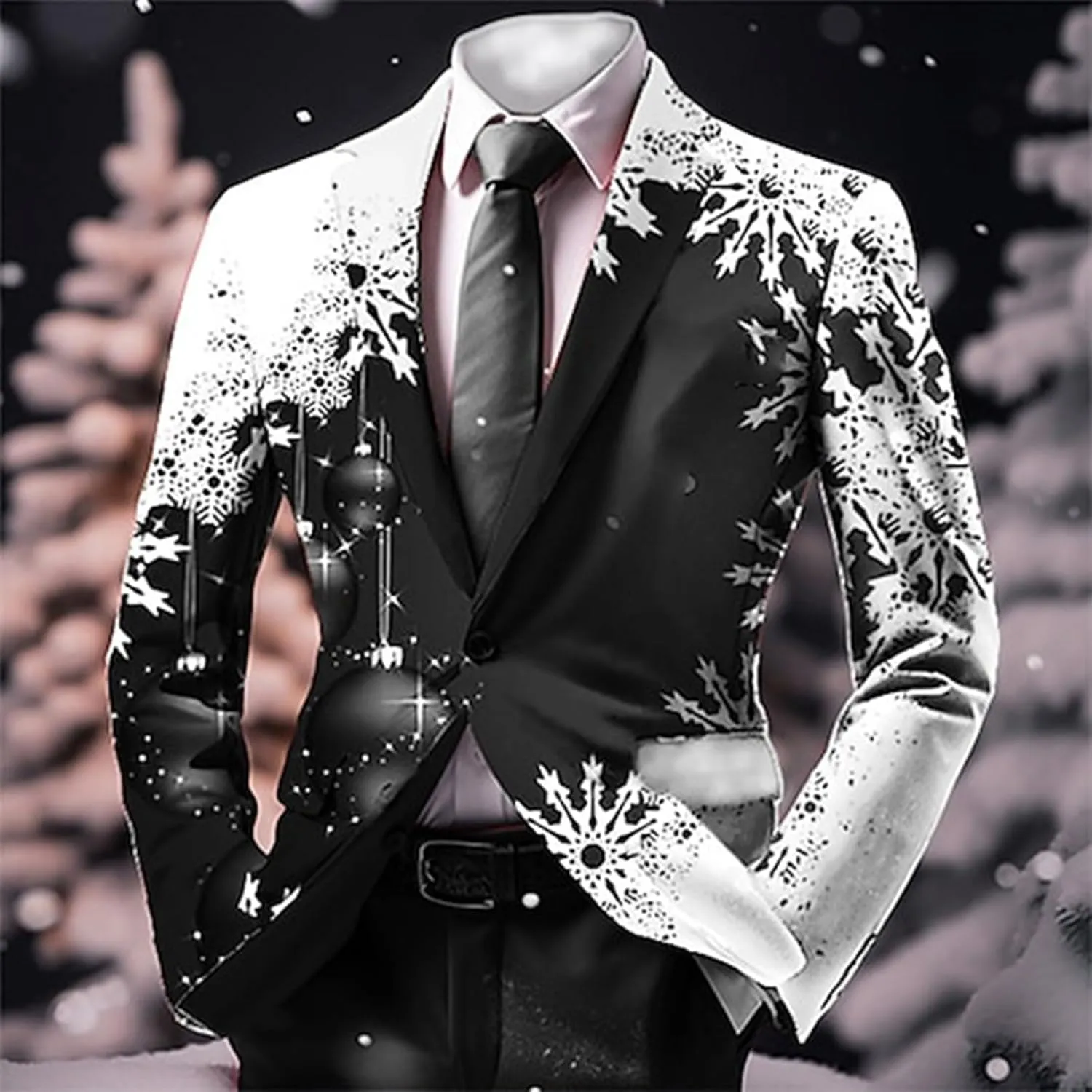 Mens Christmas Blazer Ugly Jacket Lightweight Xmas Snowflake Printed One Button Business Office Jacket Work Blazers