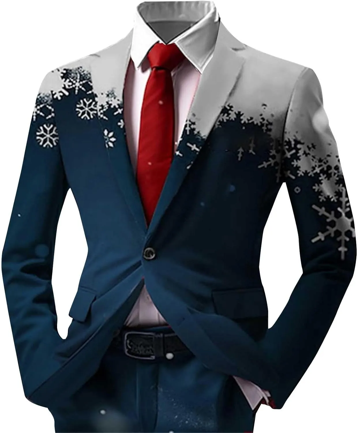 Mens Christmas Blazer Ugly Jacket Lightweight Xmas Snowflake Printed One Button Business Office Jacket Work Blazers